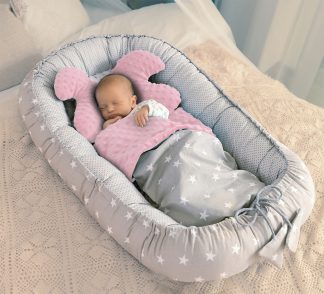 BabyMAM Sivé hviezdy s ružovým - hniezdo pre bábätko 5 dielny komplet