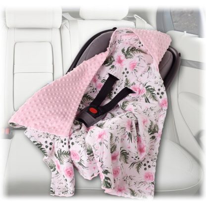 BabyMAM deka do autosedačky - ružová MINKY s kvetmi