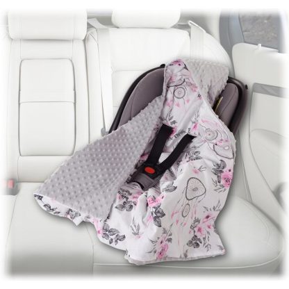 BabyMAM deka do autosedačky - ružový kvet s lapačmi + sivá MINKY