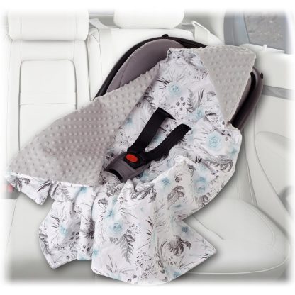 BabyMAM deka do autosedačky - sivá MINKY s tyrkysovým kvetom