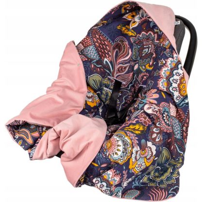 Infantilo deka s kapucňou do autosedačky VELVET - Kvety na tmavomodrom/ružová
