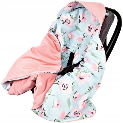 Infantilo deka s kapucňou do autosedačky VELVET - mätové kvety / špinavo ružová