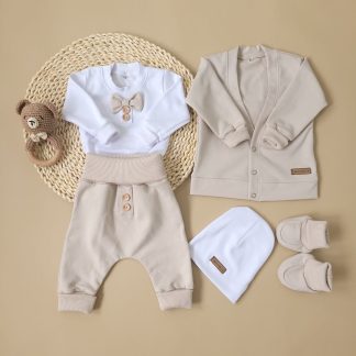 5-dielny moderný krstný oblek, elegantný set 56-86 alabastrovo béžová