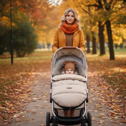 PREMIUM BABYMAM Zateplený fusak DO KOČÍKU SÁNKY S KOŽUŠINOU Cappuccino + piesok